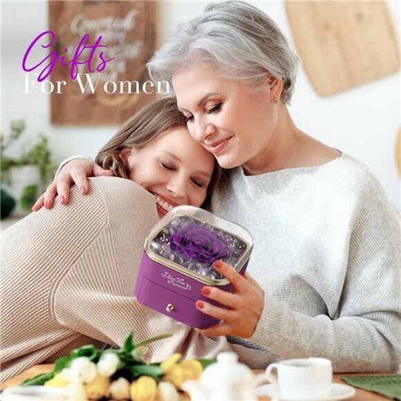 NEWNOVE Preserved Real Purple Rose with Angle Wings Necklace, Forever Flowers - Picture 4 of 7